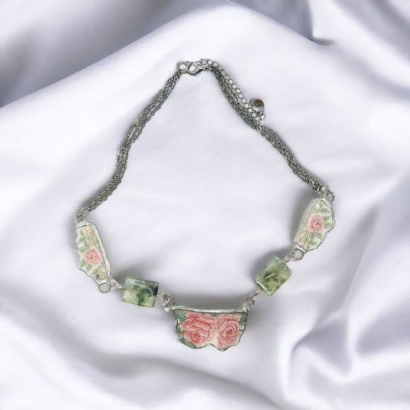 Artisan Antique Roses Broken Lynns China Necklace Hand Soldered Prenhite Stones - Picture 2 of 14